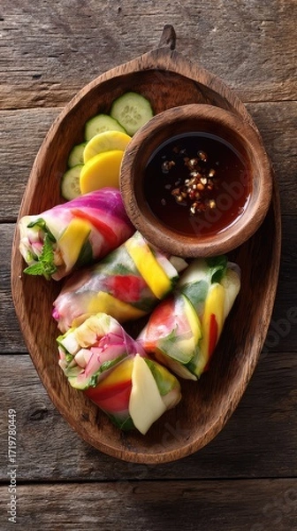 Obraz Colorful vegetable spring rolls with dipping sauce