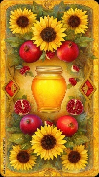 Obraz Arrangement of sunflowers pomegranates and honey jar