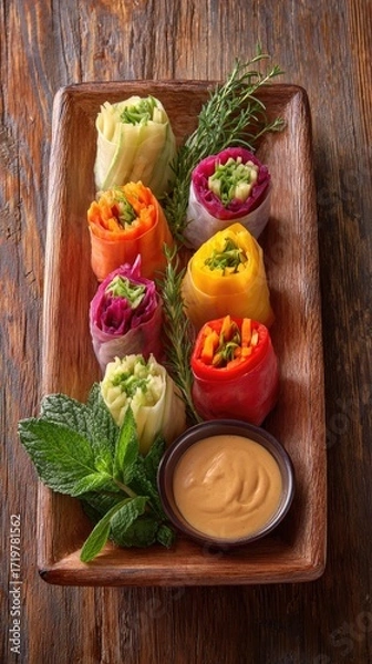 Obraz Colorful vegetable spring rolls with dipping sauce