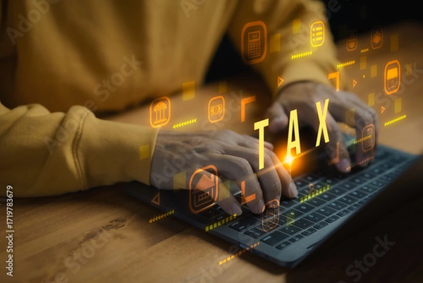 Fototapeta Tax concept with person using laptop for online filing, financial report, digital accounting, government payment, finance management, auditing, and modern technology for taxation services.