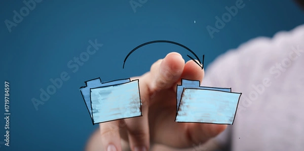 Fototapeta Hand gestures interacting with digital files, symbolizing data transfer, online sharing, and document management.