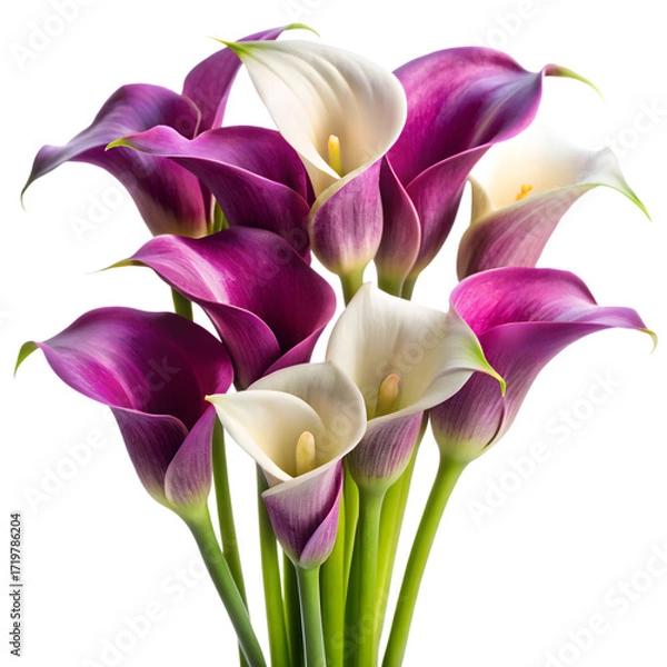 Fototapeta A bouquet of purple and white calla lilies isolated on transparent background