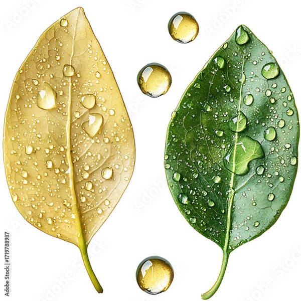 Fototapeta Close-Up of Two Distinct Leaves with Water Droplets Highlighting Nature's Detail