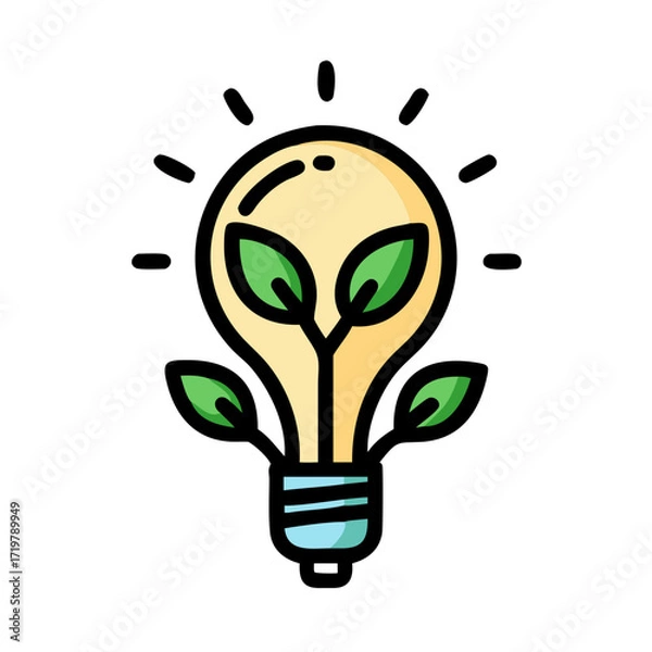 Fototapeta Vector art of a vibrant illustration of a lightbulb with green leaves inside, symbolizing ecofriendly energy and sustainable innovation