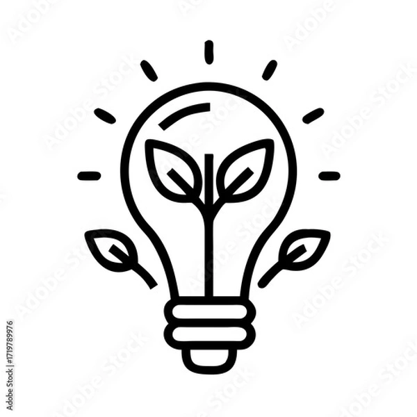Fototapeta Vector art of a minimalist line art illustration of a lightbulb with leaves, representing green energy and ecological solutions
