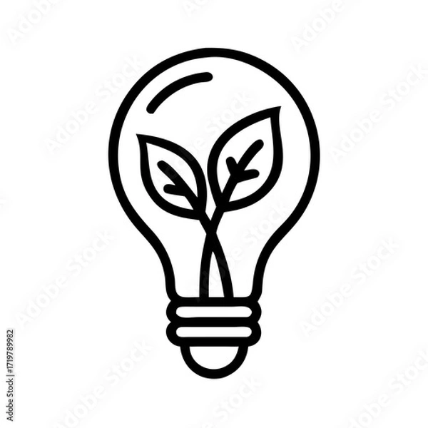 Fototapeta Vector art of a simple line drawing of a lightbulb with leaves inside, symbolizing ecofriendly ideas and sustainable solutions