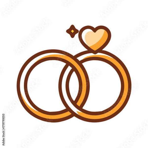 Fototapeta Vector art of two golden wedding rings intertwined with a heart above, a symbol of love, commitment, and the union of two souls in marriage