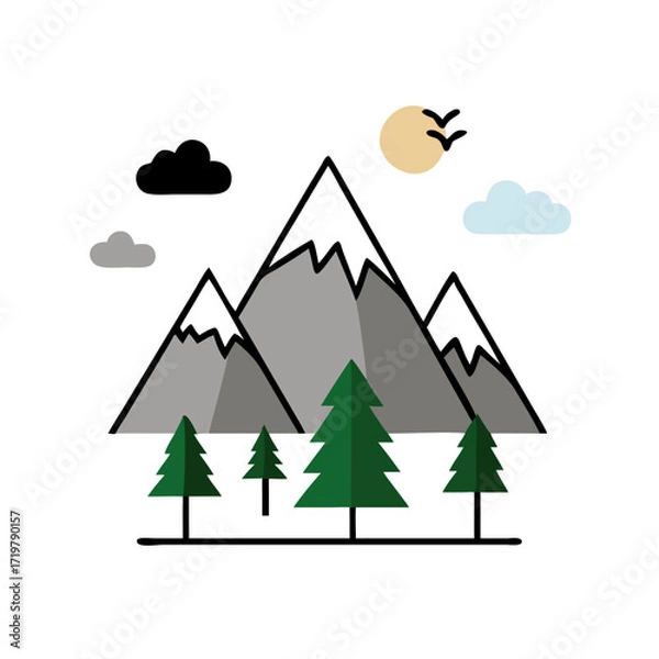 Fototapeta Vector art of a serene mountain scene illustration, showcasing snowcapped mountains, lush green trees, and a peaceful sky with clouds