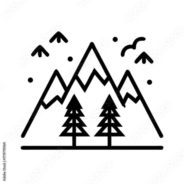 Fototapeta Vector art of stylized line art illustration of a mountain range with pine trees and birds in the sky, representing nature and outdoor adventure