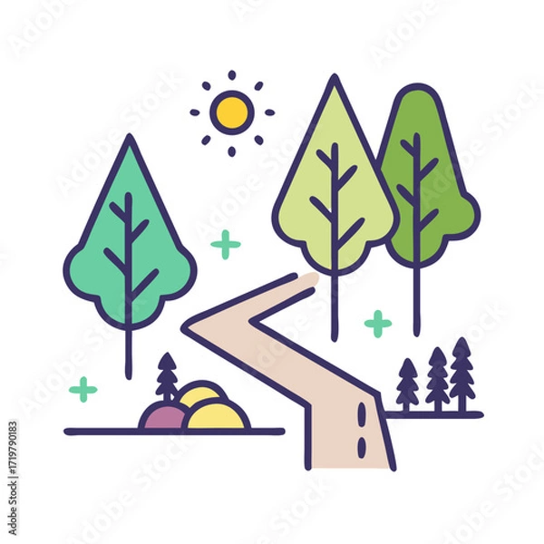 Fototapeta Vector art of stylized illustration of a winding road through a forest with trees and a sun, representing nature and travel