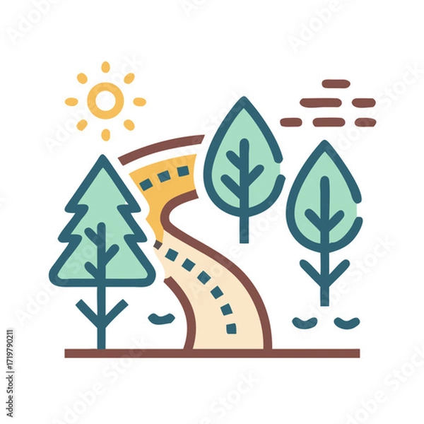 Fototapeta Vector art of a winding path through a forest with trees and a bright sun in the sky, representing nature and travel