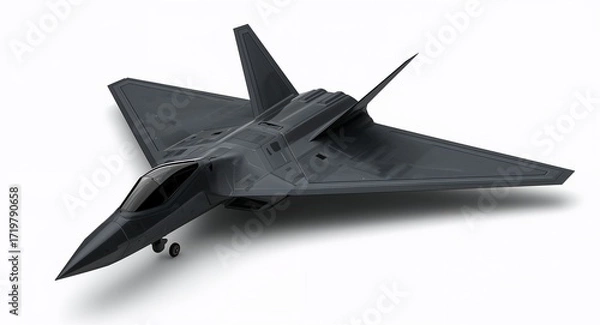 Fototapeta A modern stealth bomber airplane with triangular wing structure matte black finish and sharp edges on plain white background