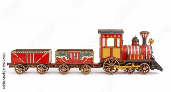 Fototapeta A retro decorated circus train with colorful wagons striped patterns and wooden details on plain white background