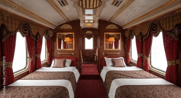 Fototapeta A retro luxury sleeper train with curtained beds golden lamps and detailed roof carvings on plain white background