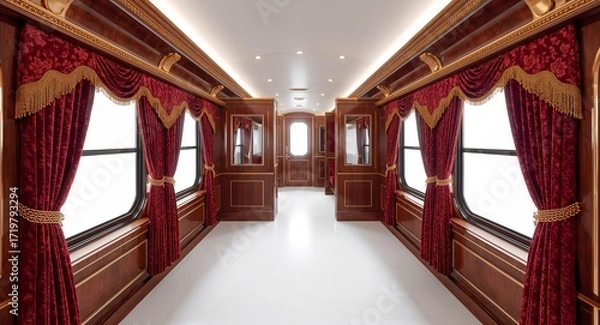Fototapeta A retro royal luxury train with gold trim velvet curtains and polished wooden panels on plain white background