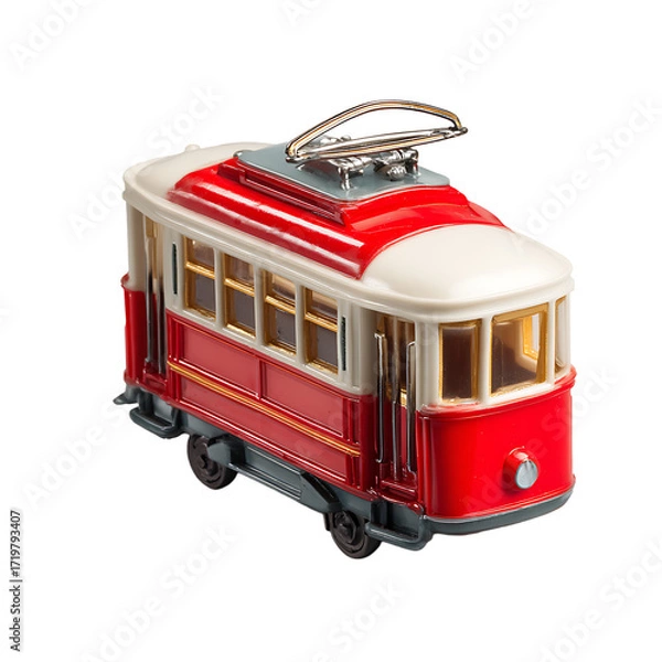 Fototapeta Detailed miniature model of a classic double - decker streetcar featuring bright red paint white roof and trim and simulated window frames