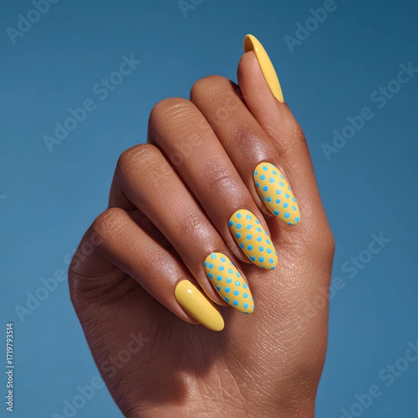 Fototapeta Hand with stylish yellow manicure featuring blue polka dots on a bright background. Suitable for beauty, fashion, nail art, and cosmetics advertising.
