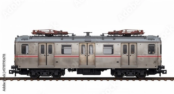 Fototapeta A retro subway train with steel body sliding doors and rooftop ventilation fans on plain white background