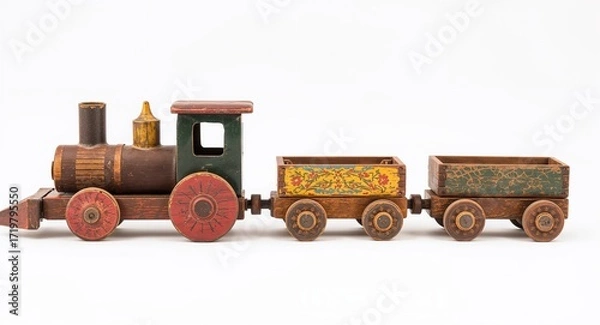 Fototapeta A rustic toy train with painted wood body round wheels and colorful wagons on plain white background