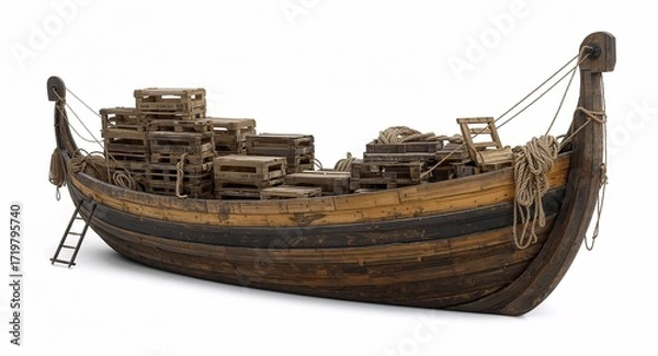 Fototapeta A rustic wooden cargo barge boat with stacked crates rope ladders and weathered planks on plain white background