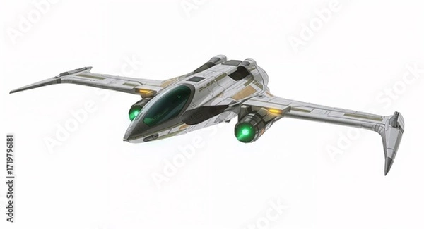 Fototapeta A sci fi alien inspired airplane with curved wings glowing green panels and hovering engines on plain white background