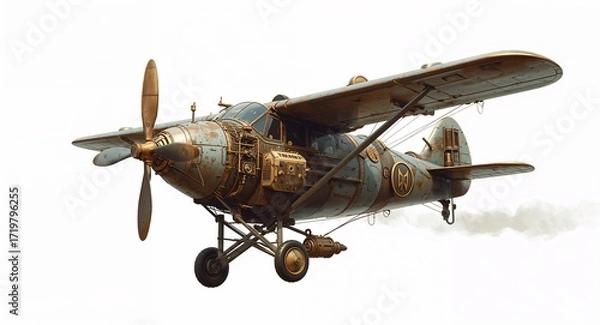 Fototapeta A steampunk fantasy balloon airplane hybrid with propellers brass wings and floating steam pipes on plain white background