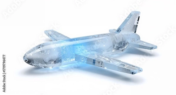 Fototapeta A transparent crystal airplane shaped like ice with frozen textures and glowing blue accents on plain white background