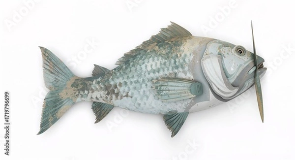 Fototapeta A whimsical fantasy airplane shaped like a fish with fins as wings on plain white background