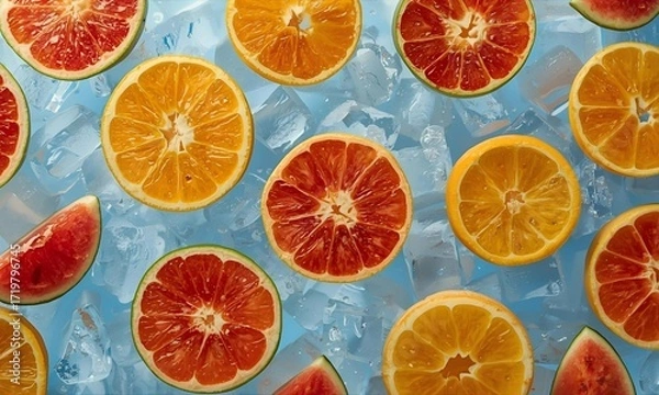 Fototapeta Sliced Tropical Fruits on Ice Cubes