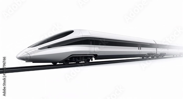 Fototapeta Futuristic maglev train hovering slightly above track with smooth aerodynamic shell on plain white background