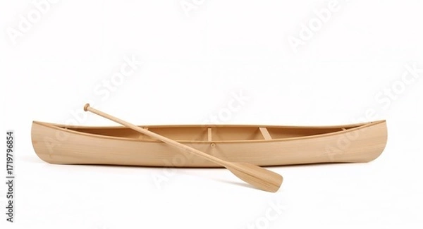 Fototapeta Minimalist canoe design with smooth wooden frame and lightweight paddle resting beside on plain white background