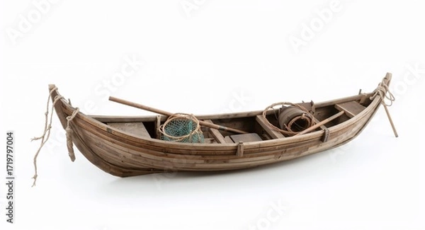 Fototapeta Small wooden fishing boat with nets paddles and storage baskets resting quietly on plain white background