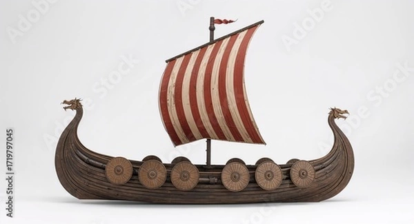 Fototapeta Viking longship with dragon head prow shields along sides and tall sail on plain white background