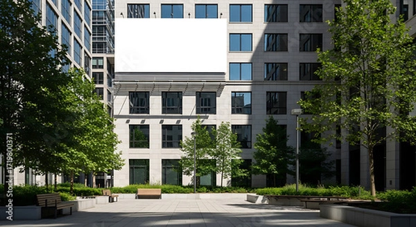 Obraz Exterior view of a modern building complex with trees and a courtyard on a sunny day.