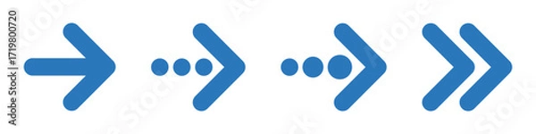 Fototapeta Blue rounded right arrows set. Next, enter, swipe, scroll button. Flat icon isolated. Continue icon. East arrow.