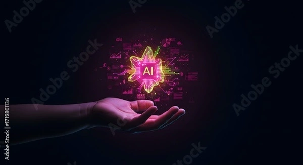 Obraz AI Technology Concept: Hand Holding Glowing Neural Network Chip with Data Visualizations