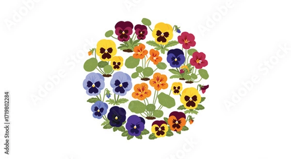 Fototapeta Circular Arrangement of Colorful Pansies and Nasturtiums: A Bright and Cheerful Floral Design for Spring, Summer, or Garden-Themed Projects and Creative Designs