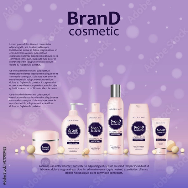 Obraz 3D realistic cosmetic bottle ads template. Cosmetic brand advertising concept design on glowing background with pearls and sparkles