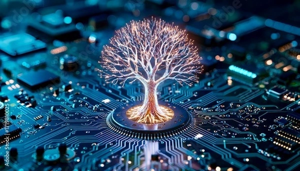 Fototapeta a microchip on which a tree grows, the evolution of technology