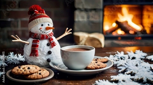 Fototapeta a snowman miniature on a table next to a cup of coffee and cookies, with a fireplace in the background