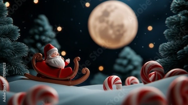 Fototapeta Santa Claus on a Sleigh Under a Full Moon Surrounded by Candy Canes and Evergreen Trees