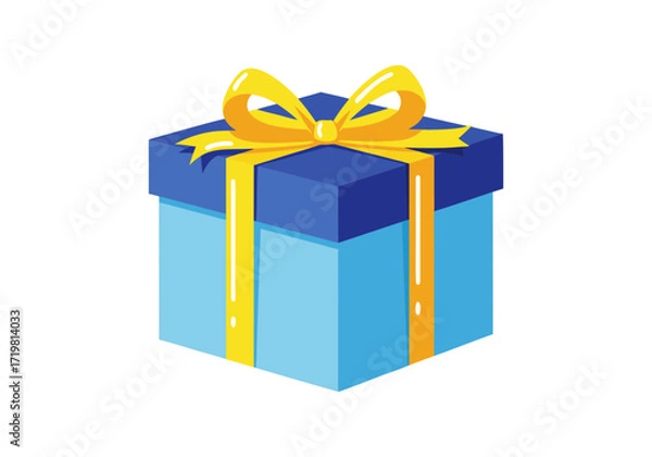 Fototapeta A flat vector gift box icon illustration with ribbon in blue yellow white solid minimal design concept