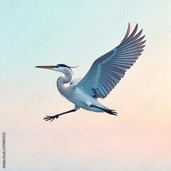 Fototapeta Great Blue flying Heron vector  on weathered post, three quarter view, twilight gradient sky, calm water hint and serene tranquil 