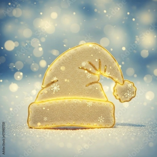 Obraz Golden Santa Hat Illuminated by Bokeh Lights on a Sparkling Blue Winter Background.