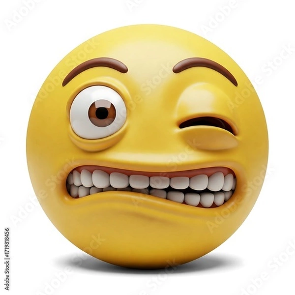 Obraz Funny Winking Emoji with Exaggerated Crazy Expression on an Isolated White Background.