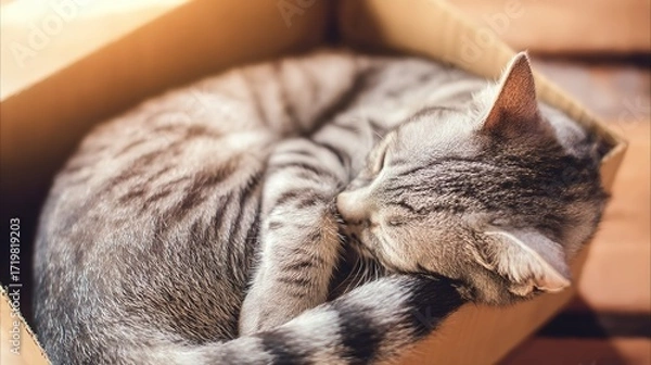 Fototapeta household. A gray tabby cat resting comfortably inside a cardboard box in a warm home setting. wildlife magazines, conservation campaigns, designed for nature documentaries and education.