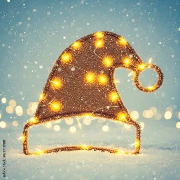 Obraz Festive Christmas Hat Adorned with Twinkling String Lights on a Magical Snowy Bokeh Background