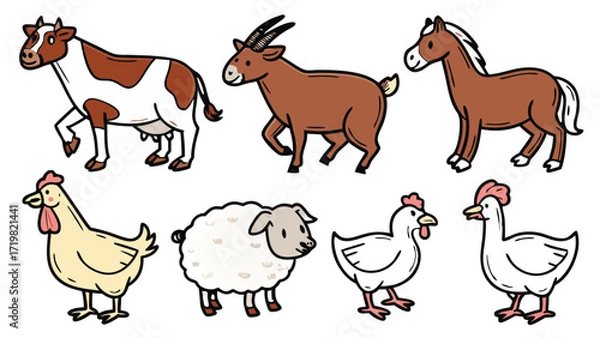 Fototapeta Farm Animals with Farmers Vector Icon Set – Flat Style Cow, Goat, Hen, Sheep, Pig, Horse, Duck, Donkey, Turkey with Male and Female Farmers, Educational Sticker Pack