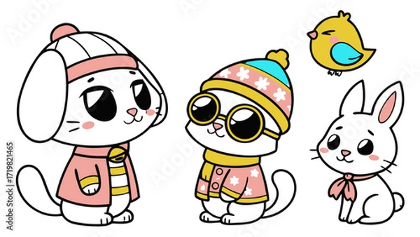 Fototapeta Seasonal Pets Sticker Icon Set – Cute Cats, Dogs, Rabbits and Birds in Winter Hats, Sunglasses, Raincoats and Festive Outfits, Kawaii Cartoon Vector Pack