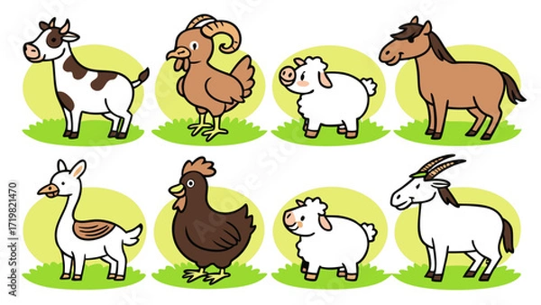 Fototapeta Farm Animals Vector Icon Set – Cute Flat Style Cow, Goat, Hen, Sheep, Horse, Duck, Pig, Donkey, Turkey and Rooster, Educational Stickers and Infographic Pack